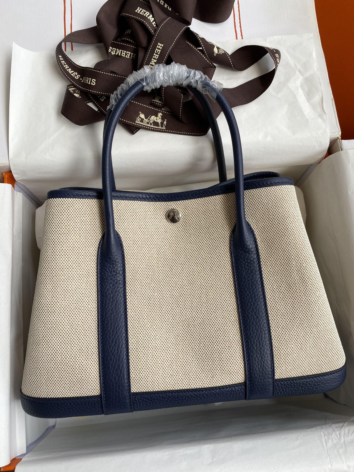 Hermes Garden Party 30cm Canvas Tote Handbag In Blue Nuit Clemence Leather